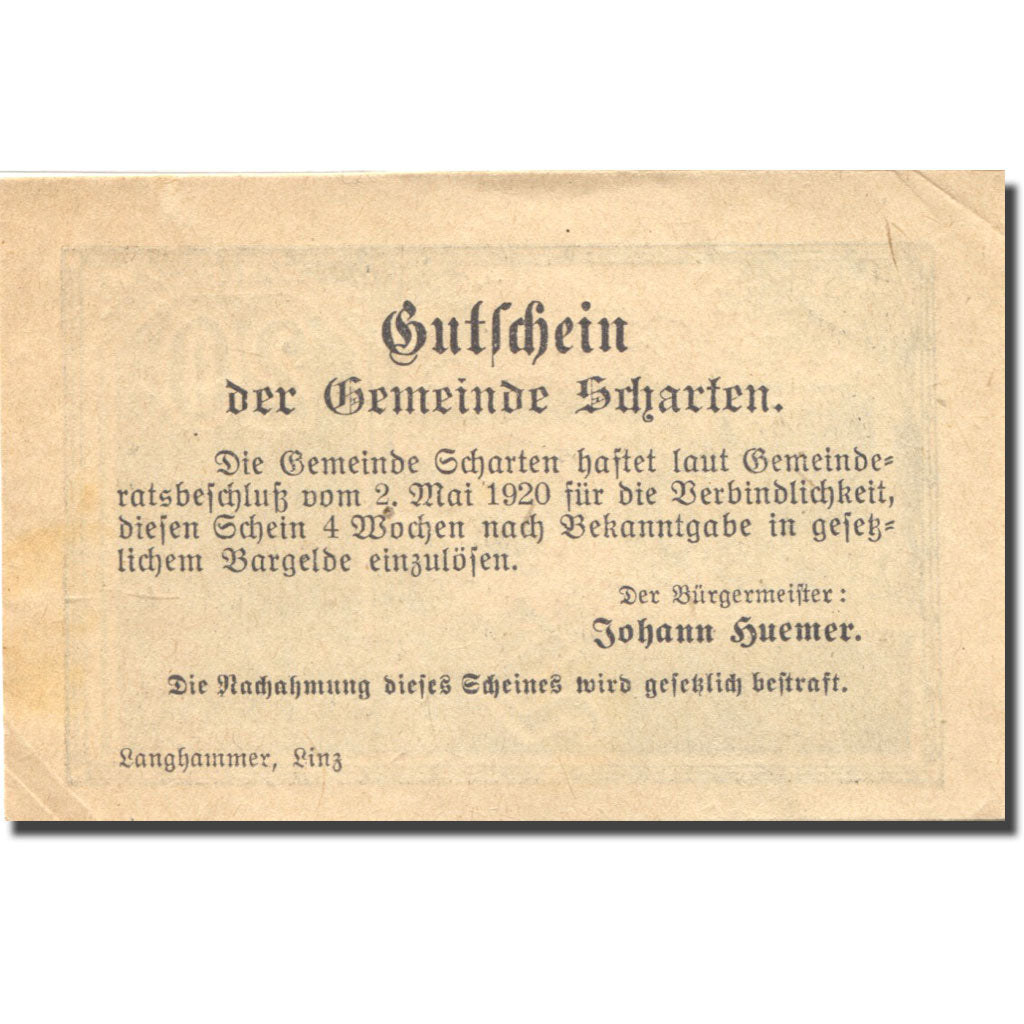Banknote, Austria, Scharten, 20 Heller, champs, 1920 EF(40-45) Mehl:FS 955a
