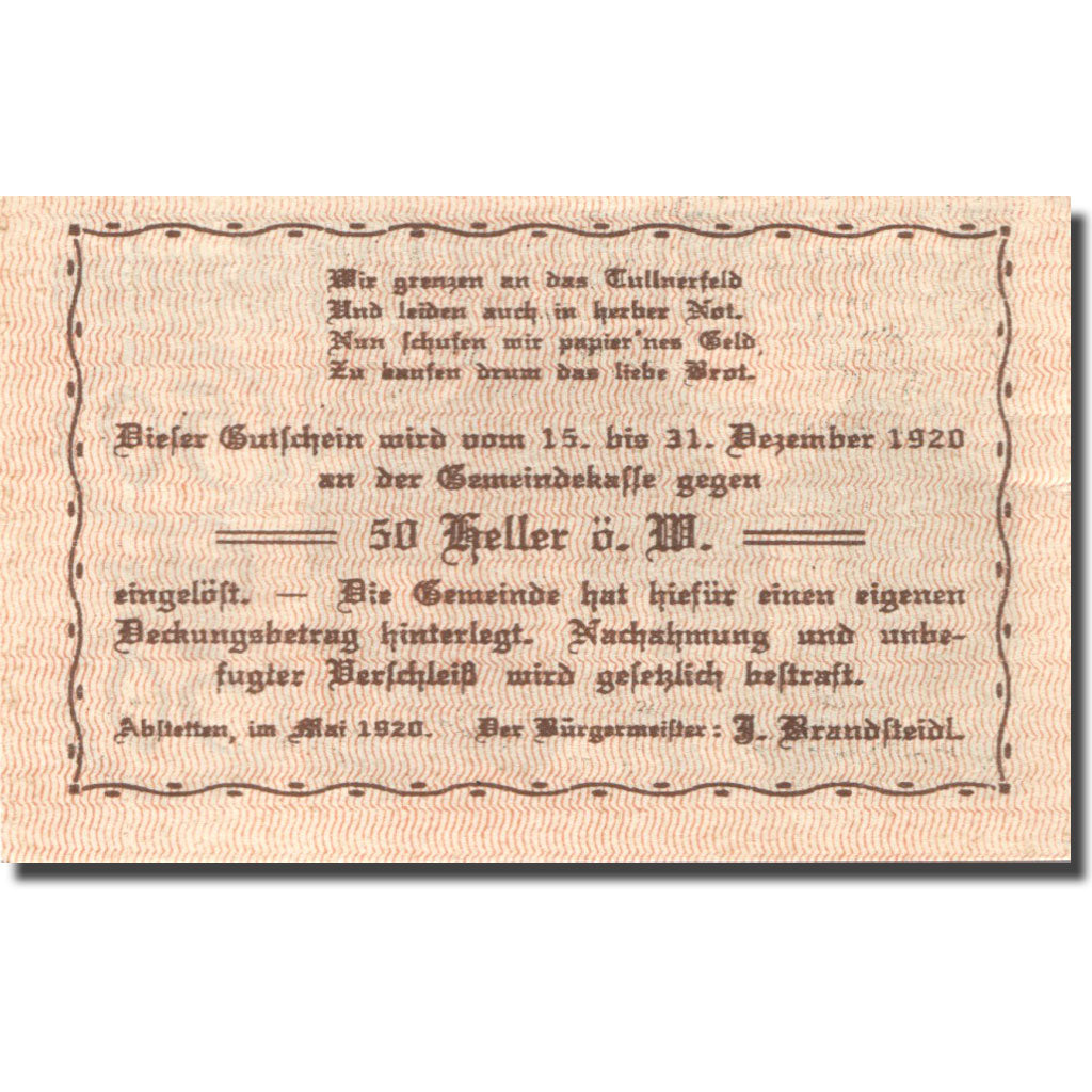 Banknote, Austria, Abstetten, 50 Heller, Monument, 1920, UNC(63) Mehl:FS 2a