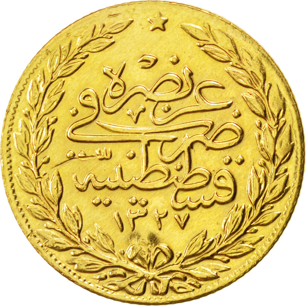 TURKEY, 100 Kurush, 1910, Qustantiniyah, KM #754, EF(40-45), Gold, 7.19