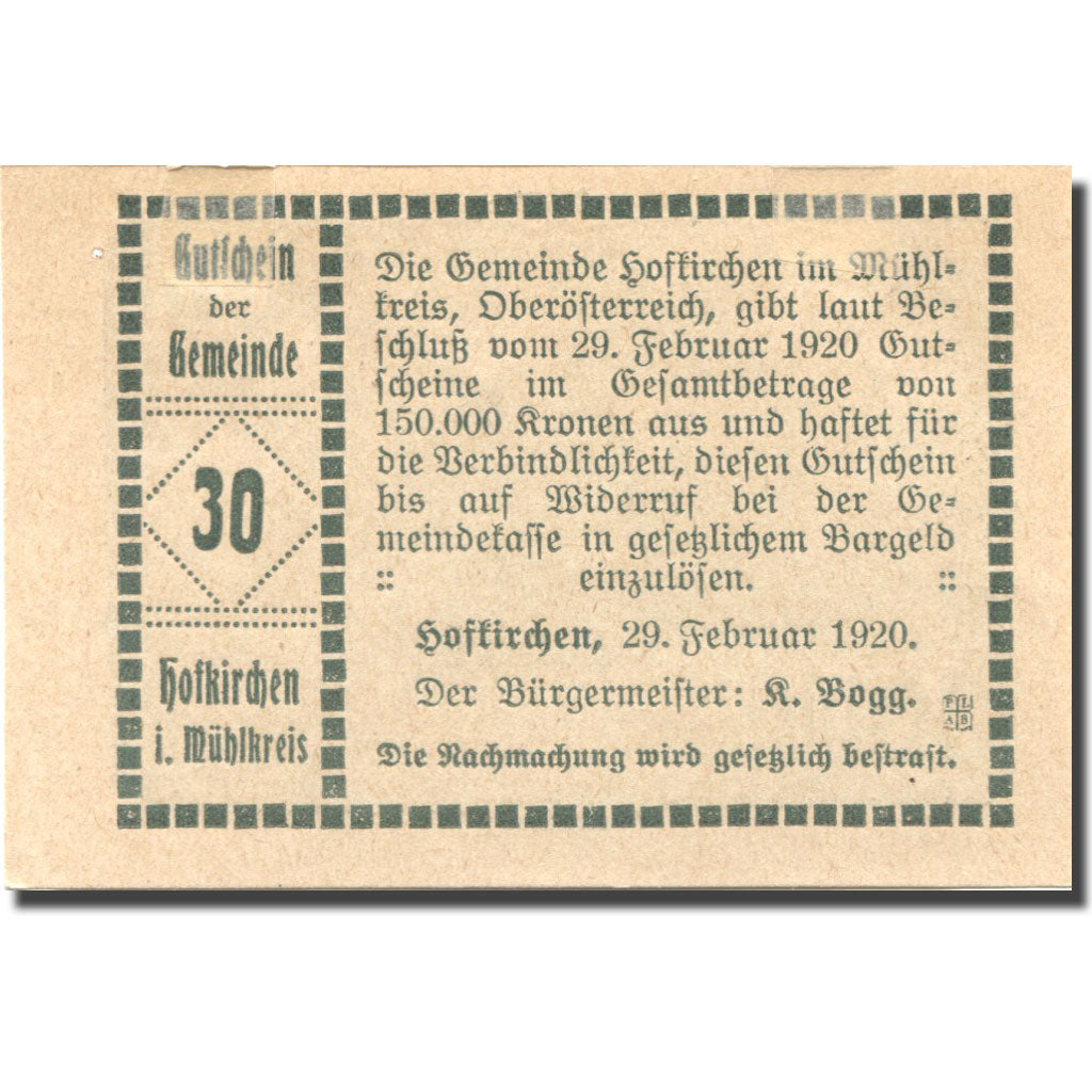 Banknote, Austria, Hofkirchen, 30 Heller, château, 1920, UNC(63) Mehl:FS 386Ic