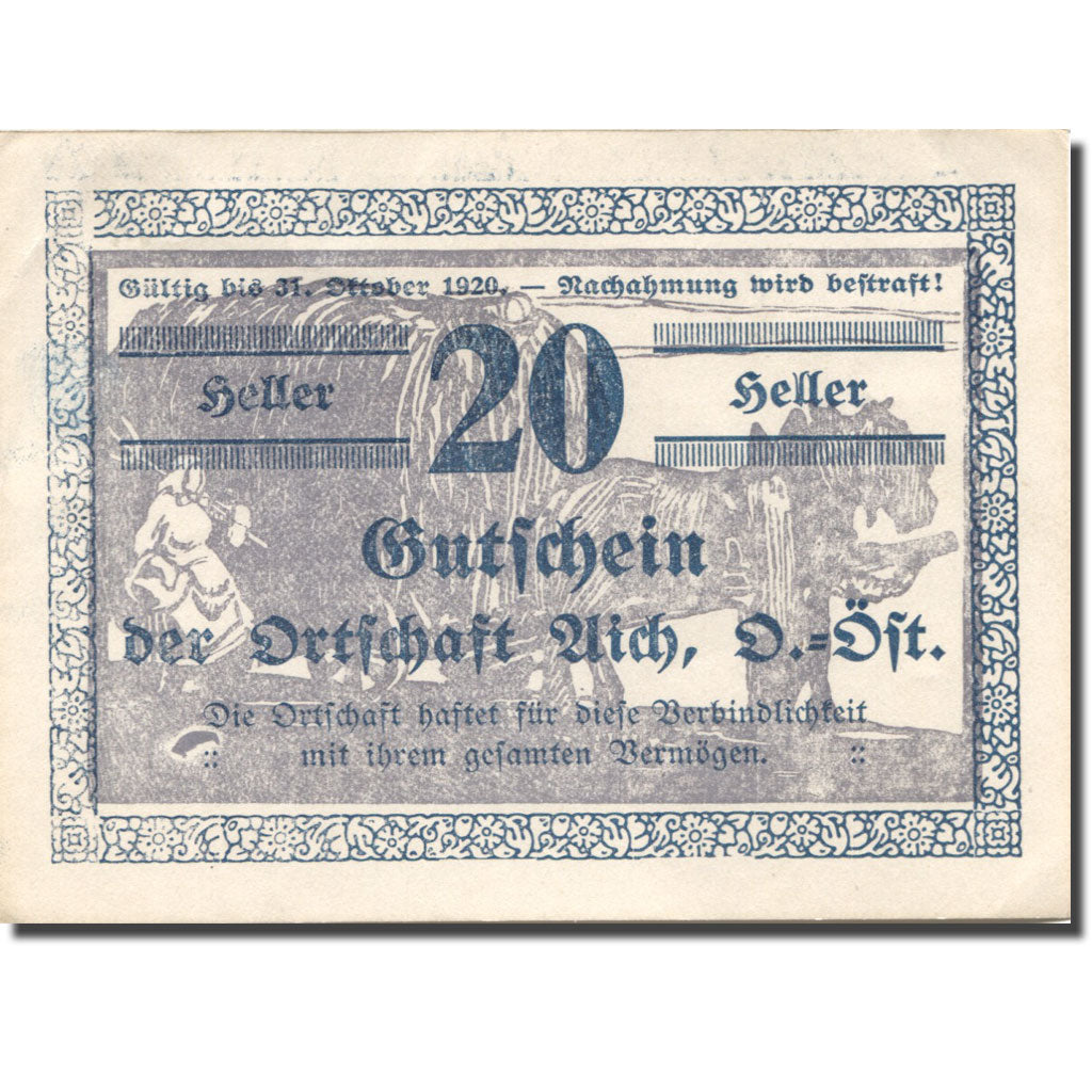 Banknote, Austria, Aich, 20 Heller, agriculteur, 1920 UNC(63) Mehl:FS 10b