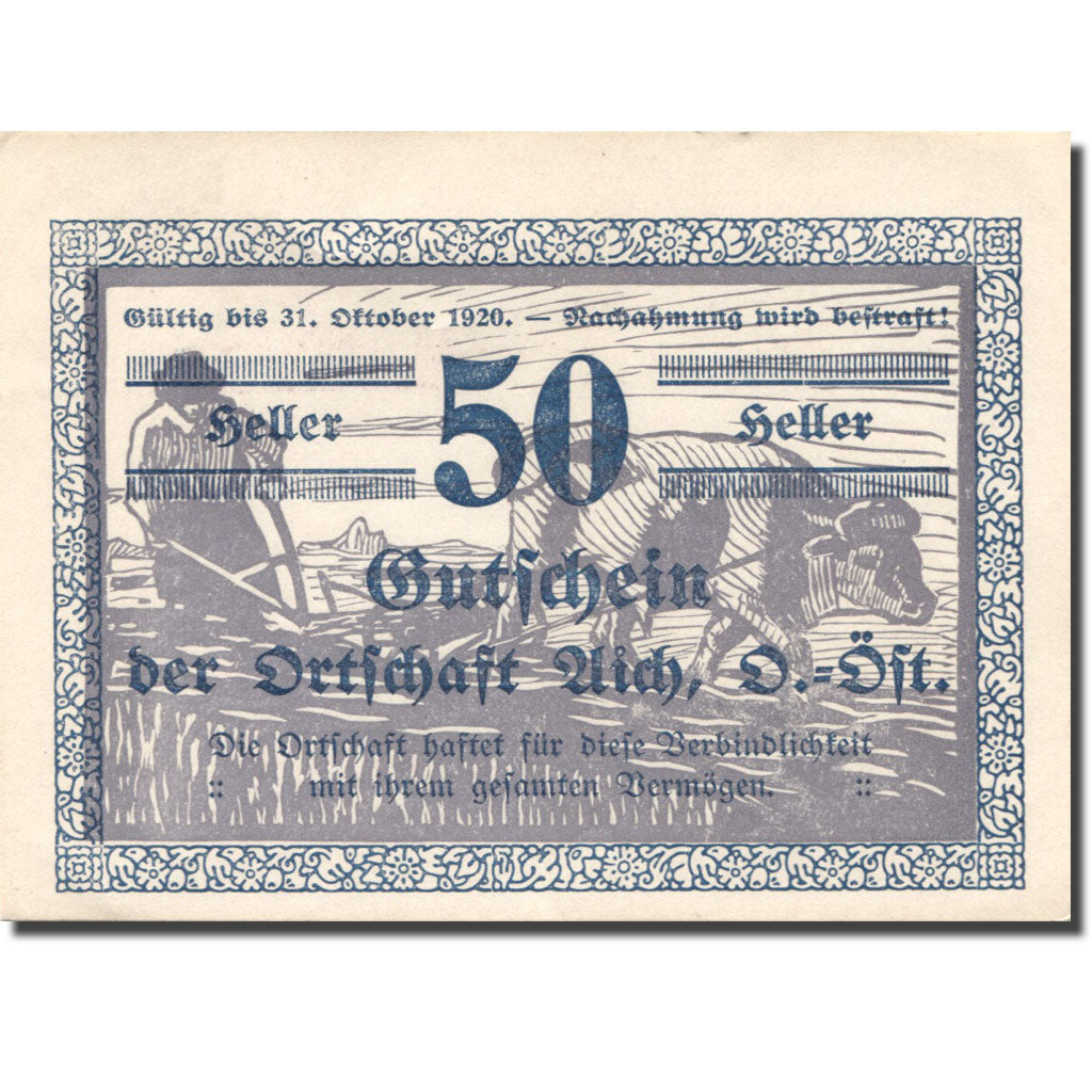Banknote, Austria, Aich, 50 Heller, Agriculteur 1, 1920 UNC(63) Mehl:FS 10b