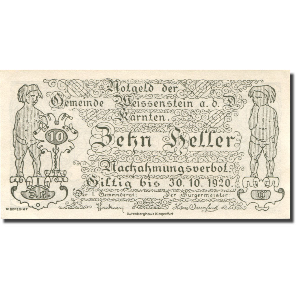 Banknote Austria Weissenstein, 10 Heller, personnage, 1920 UNC(63) Mehl:FS 1159a