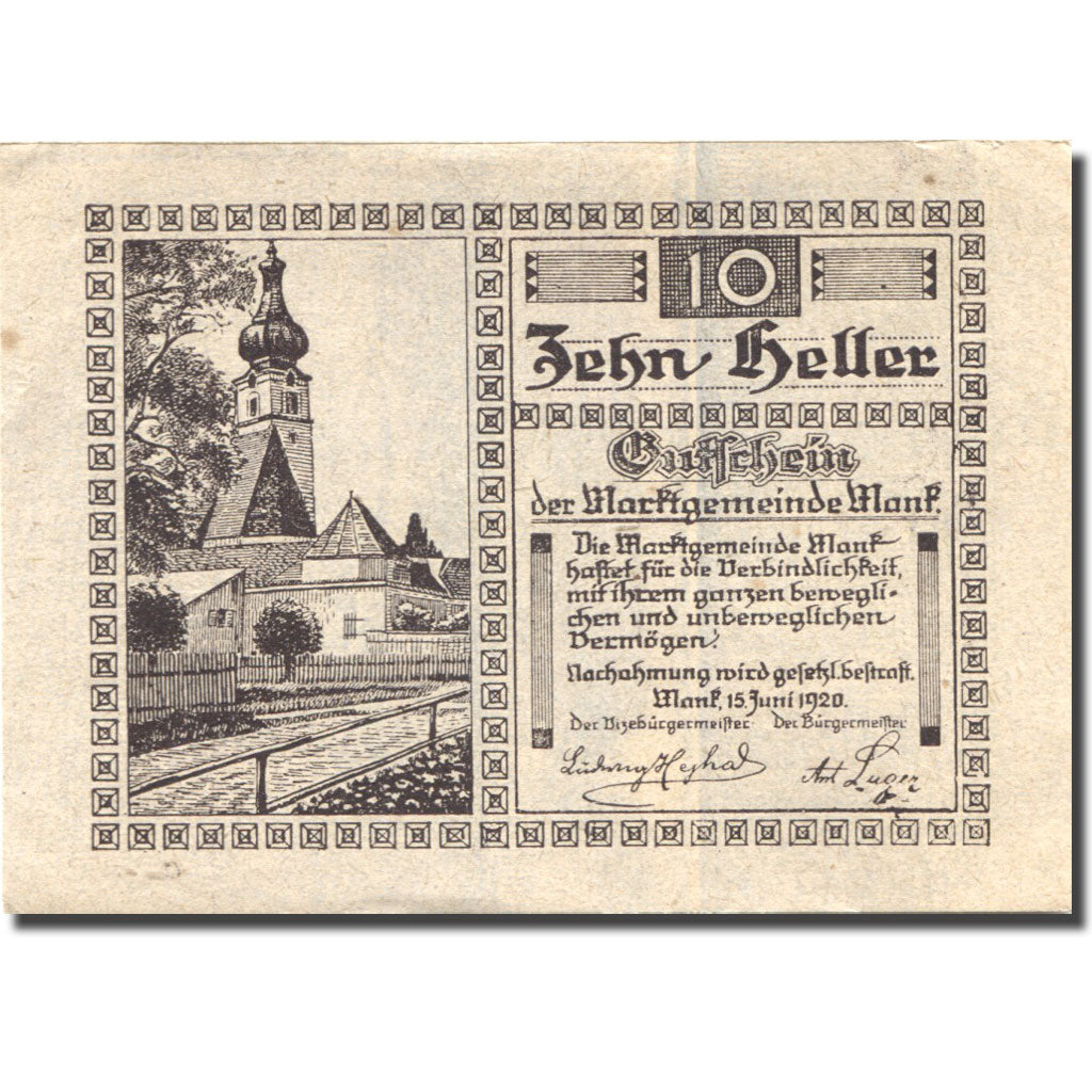Banknote, Austria, Mank, 10 Heller, Eglise 1920-12-15, UNC(63), Mehl:FS 576b