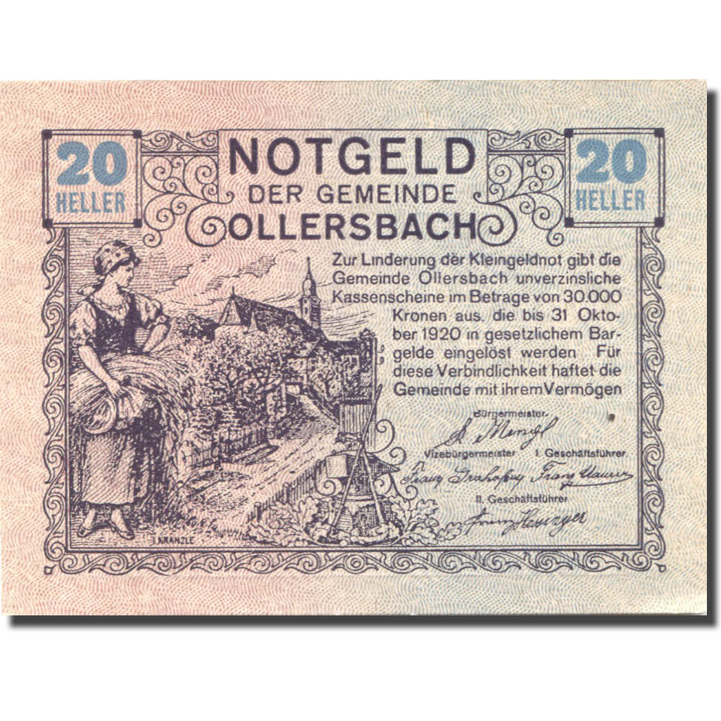 Banknote, Austria, Ollersbach, 20 Heller, agriculteur, 1920 UNC(63) Mehl:FS 709a