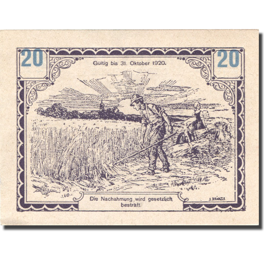 Banknote, Austria, Ollersbach, 20 Heller, agriculteur, 1920 UNC(63) Mehl:FS 709a