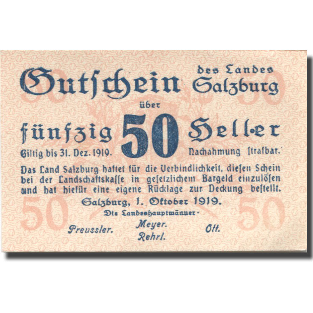 Banknote, Austria, Salzburg, 50Heller, valeur faciale, 1920 UNC(63) Mehl:FS 860I