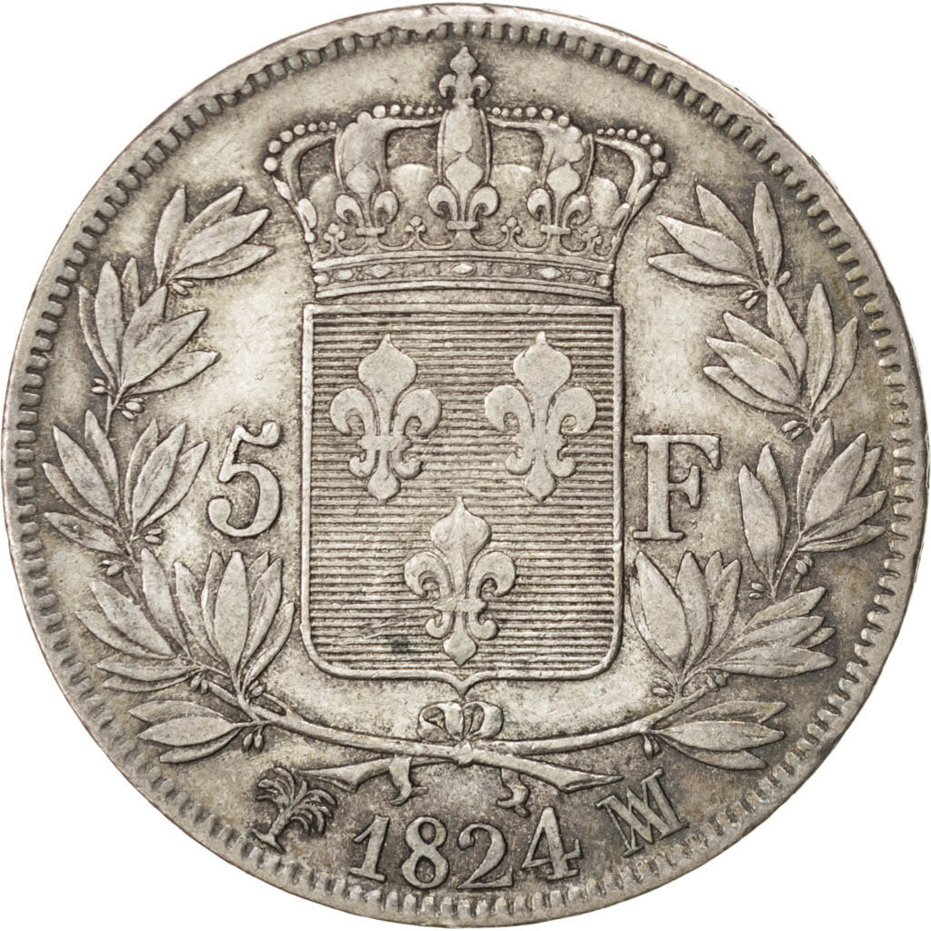 FRANCE, Louis XVIII, 5 Francs, 1824, Marseille, KM #711.10, EF(40-45), Silver,..