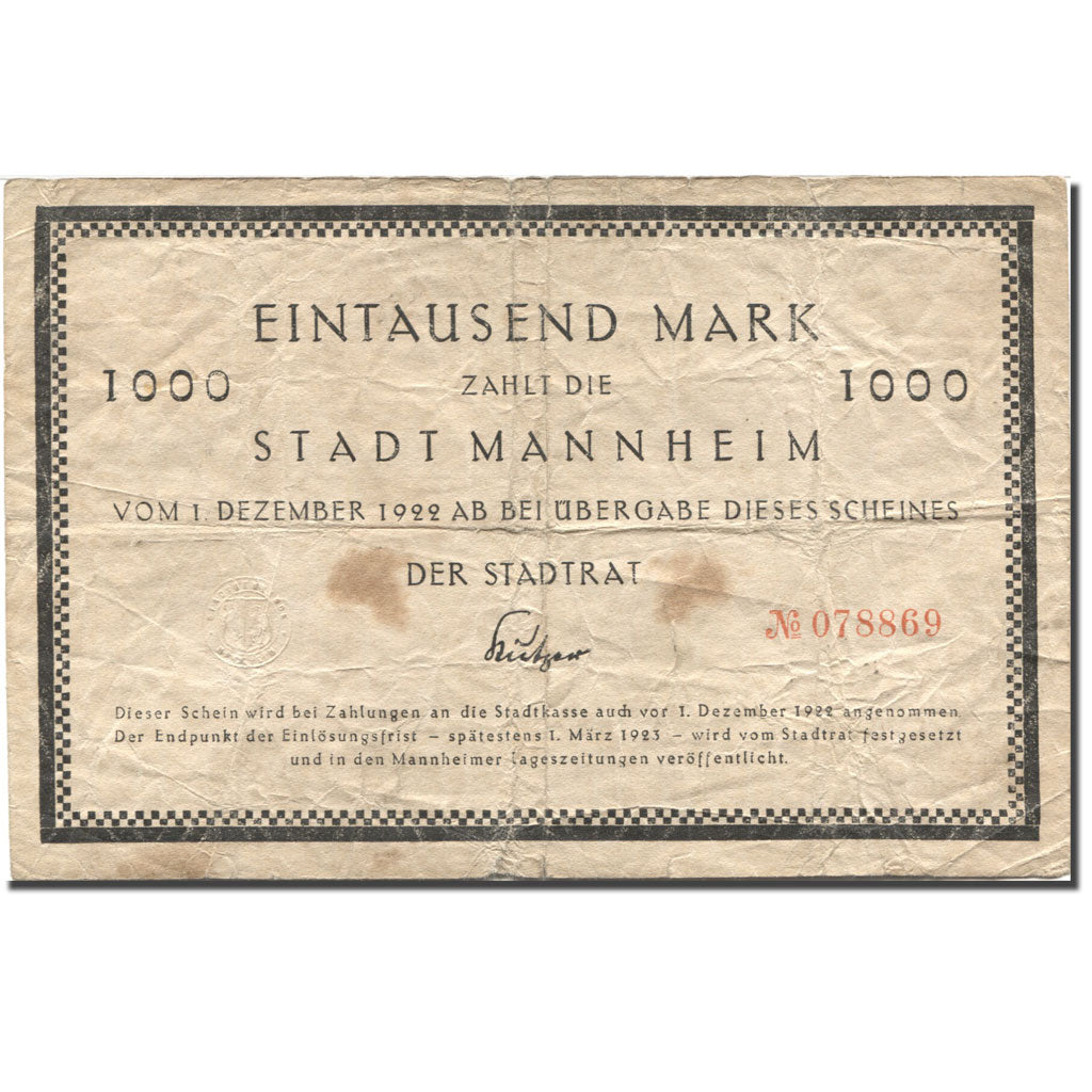 Banknote, Germany, Mannheim 1000 Mark valeur faciale, 1922 VF(20-25) Mehl: M5.1a