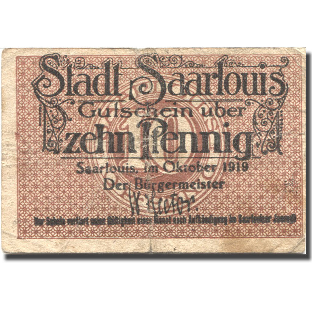 Banconote, Germania, Saarlouis, 10 Pfennig, Blason, 1919, B, Mehl:55.8