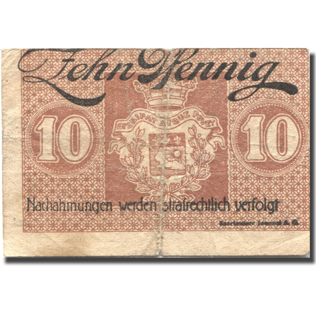 Banconote, Germania, Saarlouis, 10 Pfennig, Blason, 1919, B, Mehl:55.8