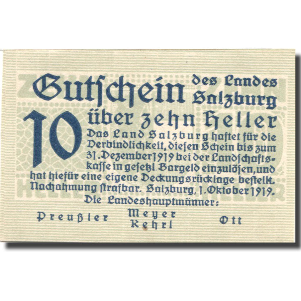 Nota, Áustria, Salzburg, 10 Heller, valeur faciale, 1920 UNC(63) Mehl:FS 860I
