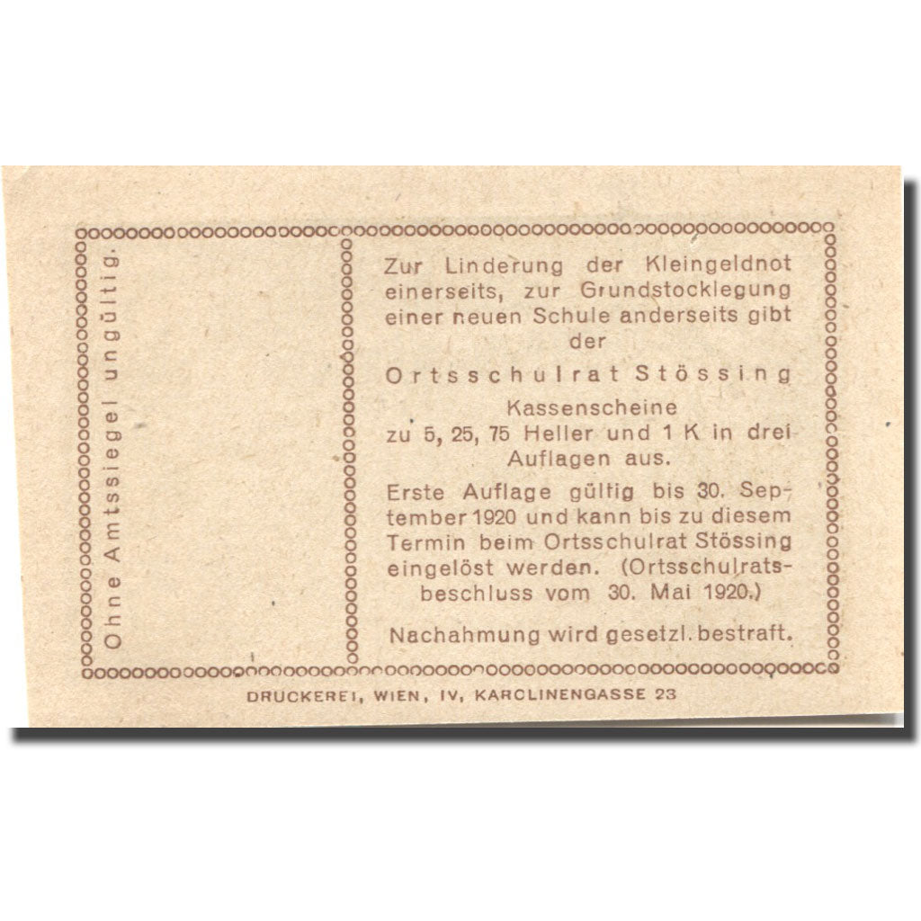 Banknote, Austria, Stössing, 5 Heller, paysage 1920-09-30, UNC(63) Mehl:FS 1040