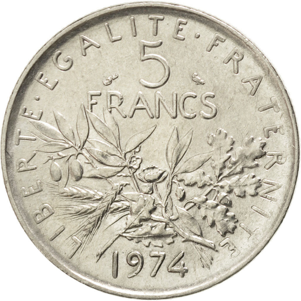 FRANCE, Semeuse, 5 Francs, 1974, Paris, KM #926a.1, MS(60-62), Nickel Clad...