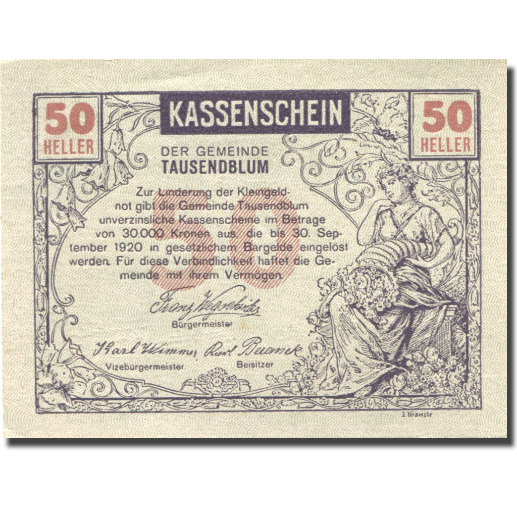 Banconote, Austria, Tausendblum, 50 Heller 1920-09-30, SPL Mehl:FS 1060