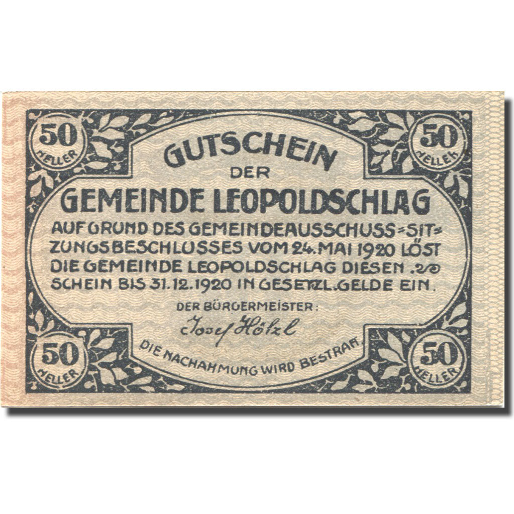 Banknote, Austria, Leopoldschlag, 50 Heller, Eglise, 1920 UNC(63) Mehl:FS 516