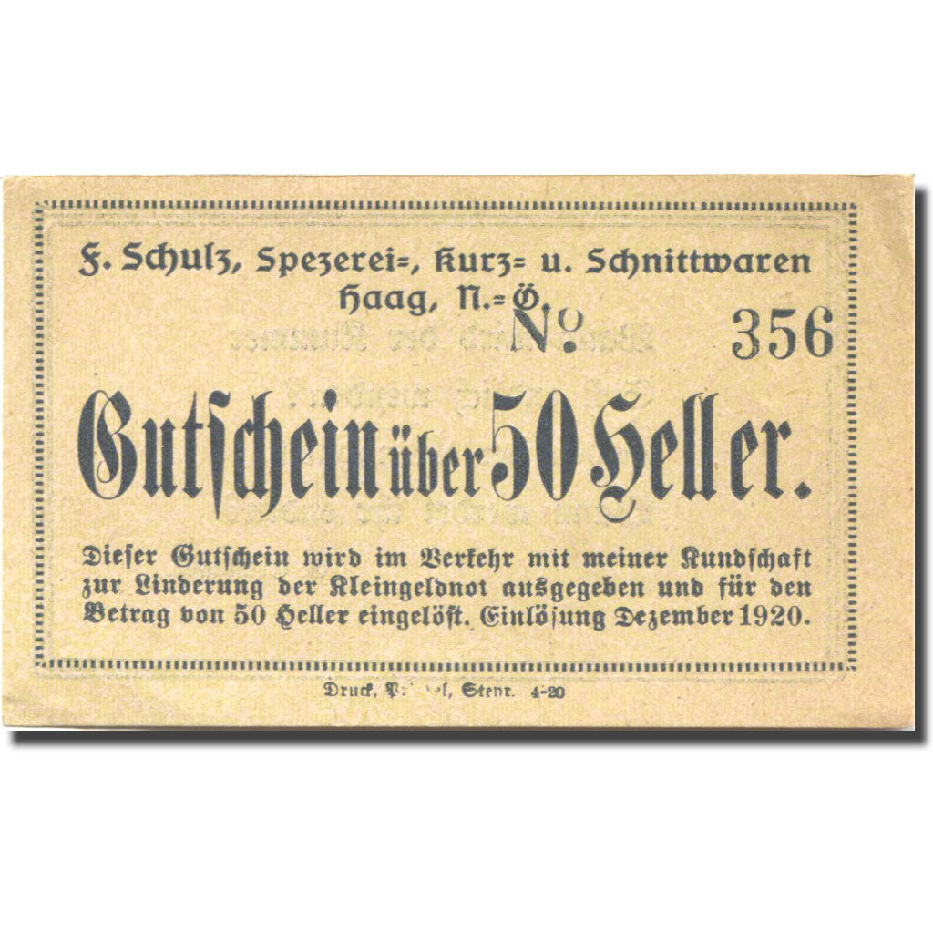 Billet, Autriche, Haag, 50 Heller, valeur faciale, 1920, SPL, Mehl:FS 320