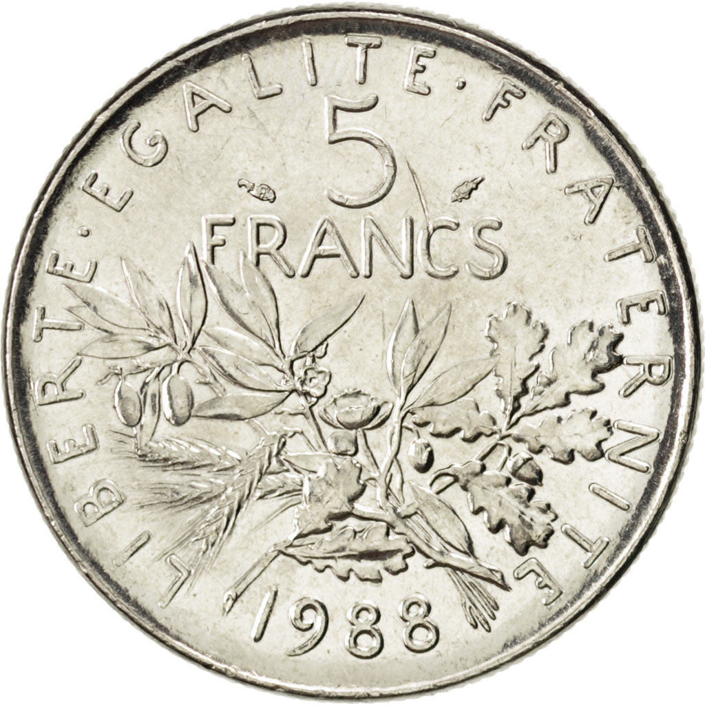 Francia, Semeuse, 5 Francs, 1988, SPL, Nichel placcato rame-nichel, KM:926a.1...