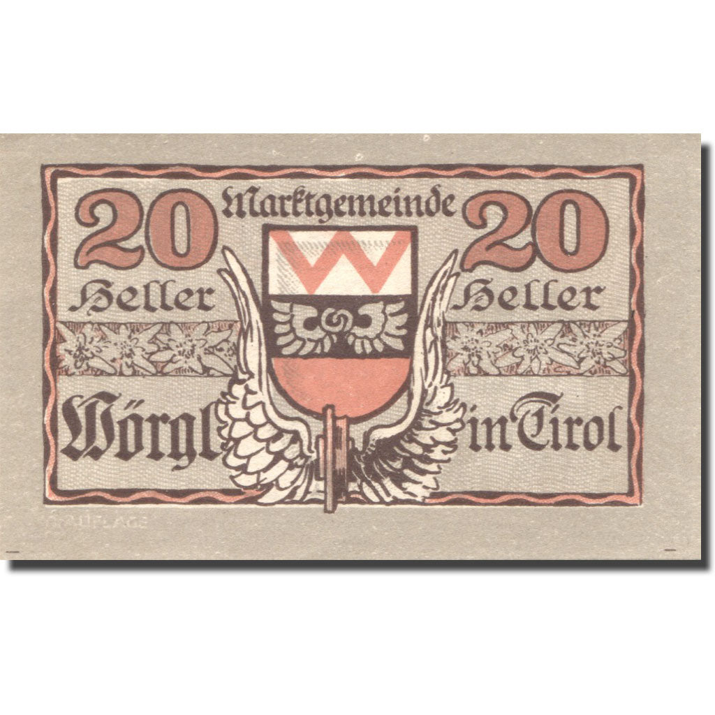 Banknote, Austria, Wörgl, 20 Heller, Monument, 1920 UNC(63 )Mehl:FS 1252a