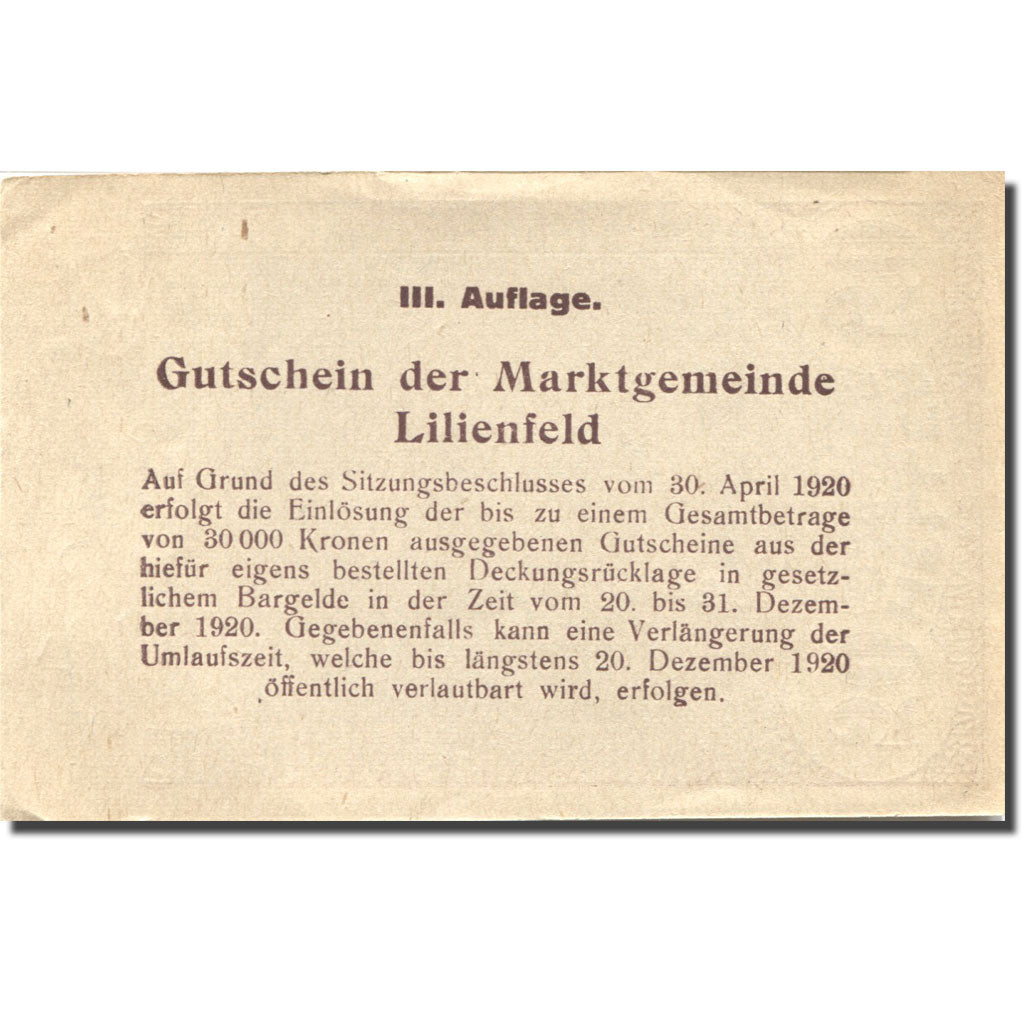 Billet, Autriche, Lilienfeld, 50 Heller, paysage, 1920 SUP, Mehl:FS 523IaB