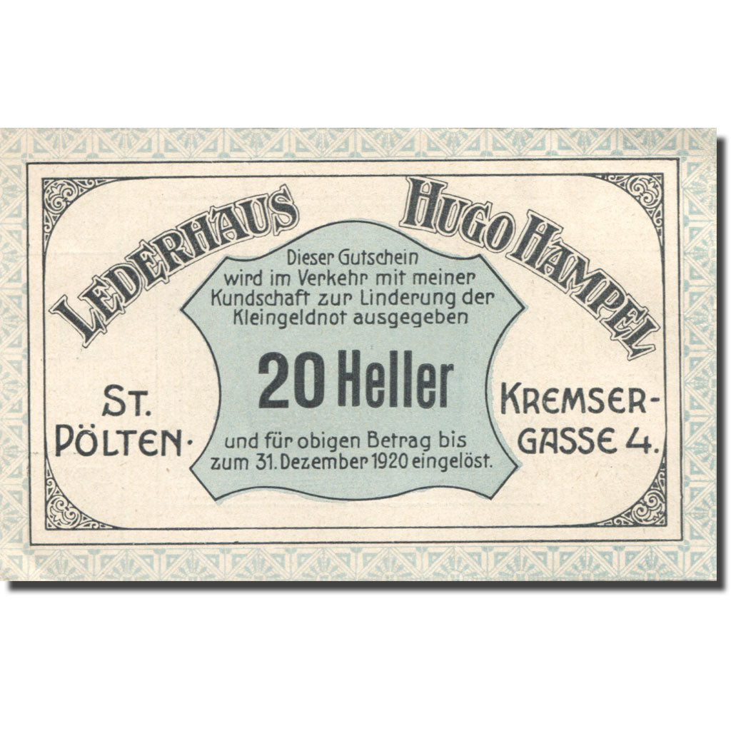 Banknote, Austria, St Pölten, 20 Heller, Armurerie 1, 1920 UNC(63) Mehl:FS 933