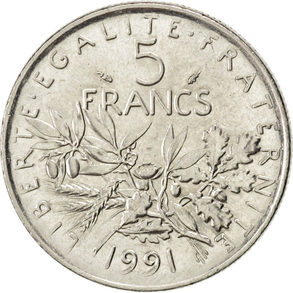 FRANCE, Semeuse, 5 Francs, 1991, Paris, KM #926a.1, AU(55-58), Nickel Clad...