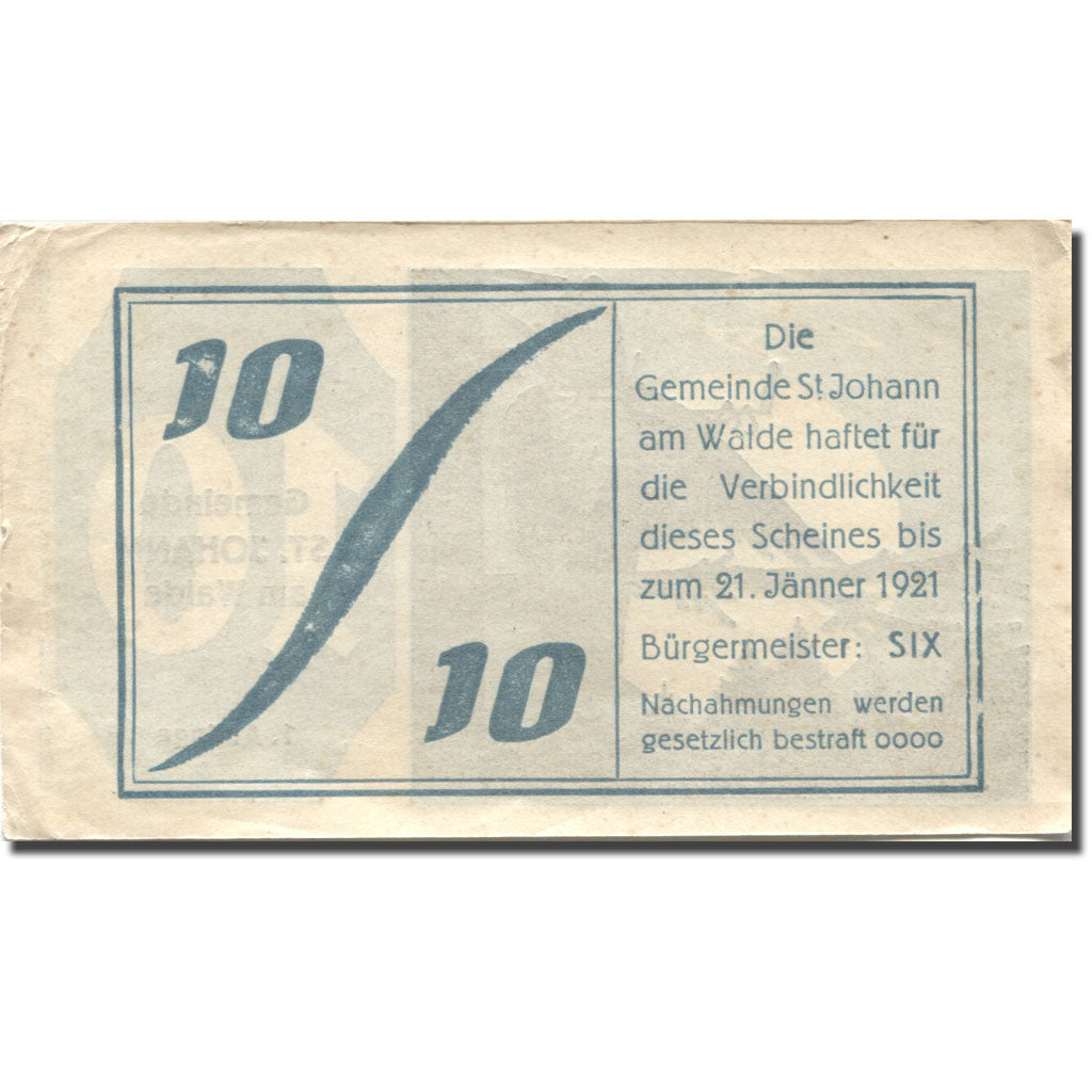 Billet, Autriche, St Johann, 10 Heller, hibou 1921-01-21, SUP, Mehl:FS 893a