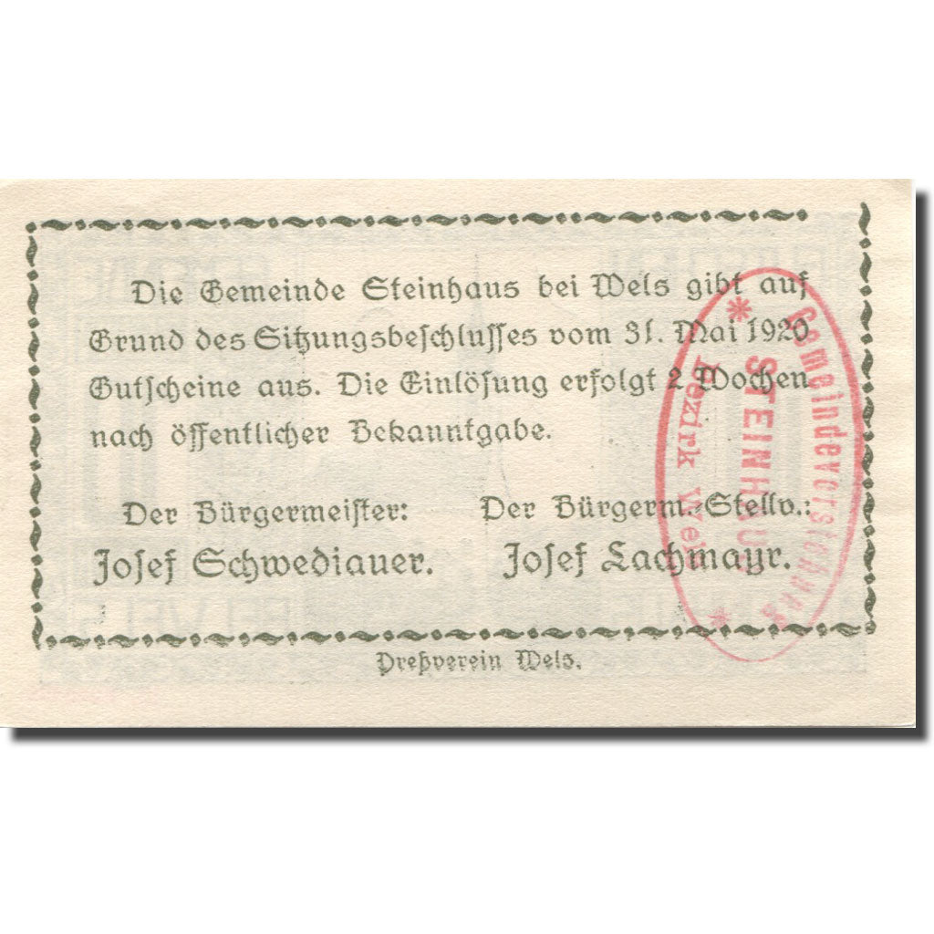 Banknote, Austria, Steinhaus, 10 Heller, Eglise, 1920 AU(55-58) Mehl:FS 1030Ia
