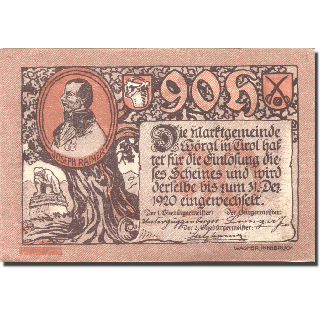 Banknote, Austria, Wörgl, 90 Heller, personnage, 1920 UNC(63) Mehl:FS 1252a