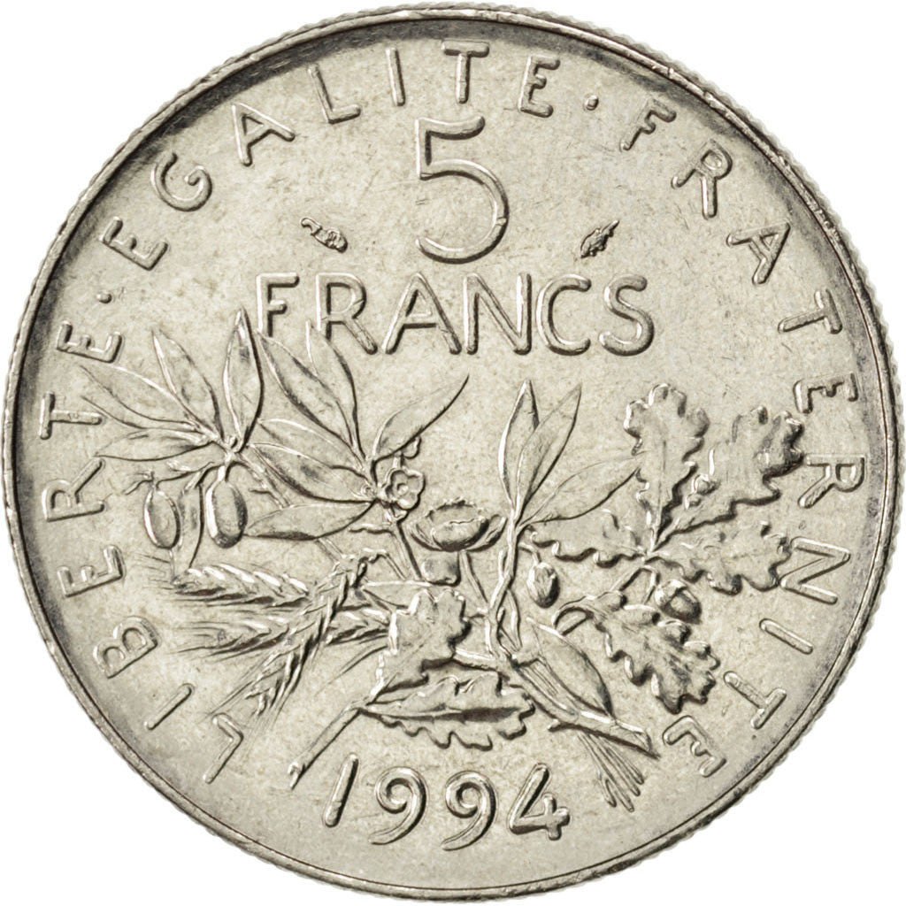 FRANCE, Semeuse, 5 Francs, 1994, Paris, KM #926a.1, AU(55-58), Nickel Clad...