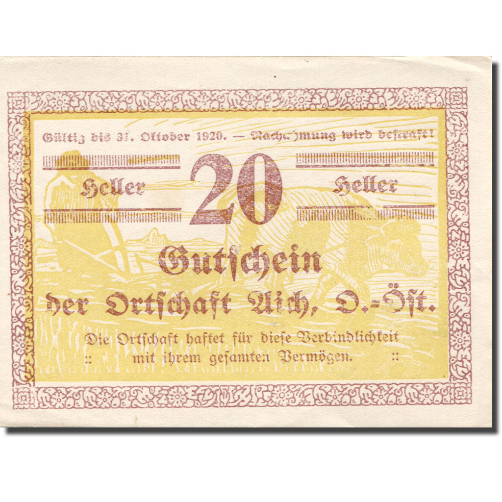 Banconote, Austria, Aich, 20 Heller, agriculteur 1920-10-31, SPL- Mehl:FS 10a