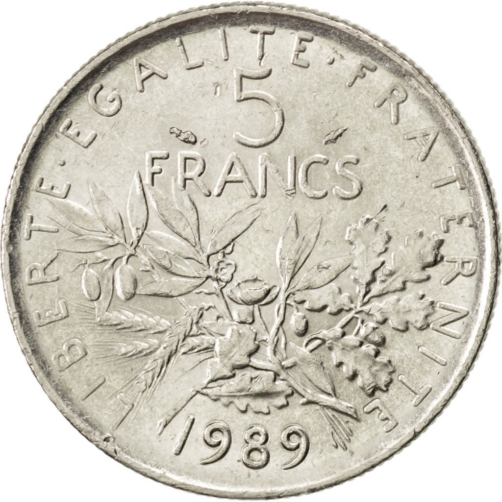 FRANCE, Semeuse, 5 Francs, 1989, Paris, KM #926a.1, AU(55-58), Nickel Clad...