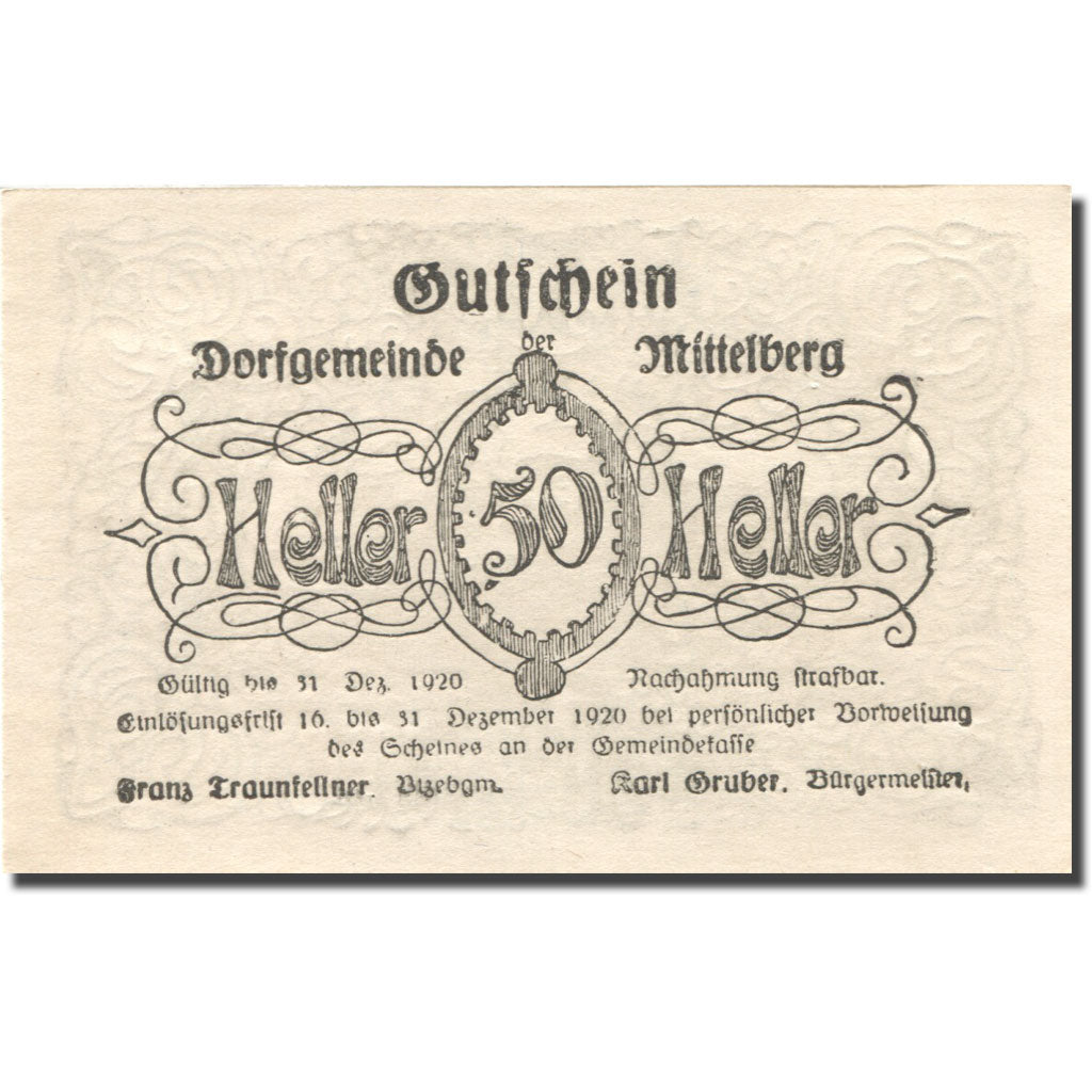 Banknote, Austria, Mittelberg, 50 Heller ruine 1, 1920 UNC(63) black Mehl:FS 158