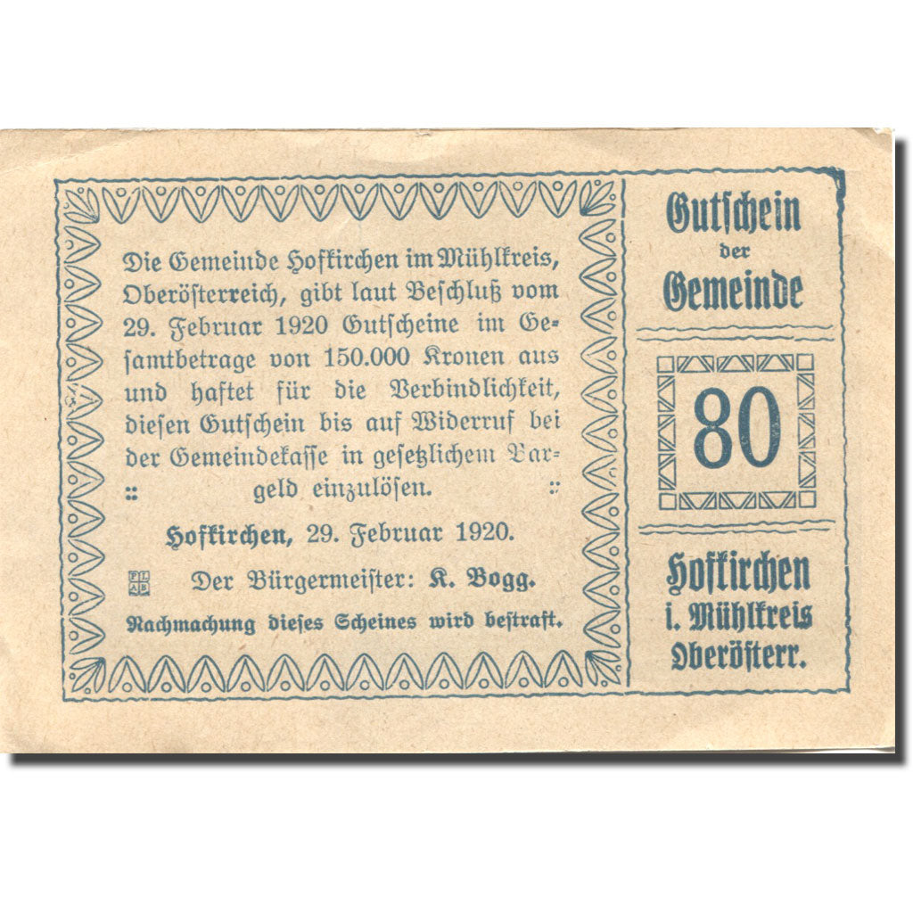 Banknote, Austria, Hofkirchen, 80 Heller, château, 1920, AU(55-58) Mehl:FS 386Ic