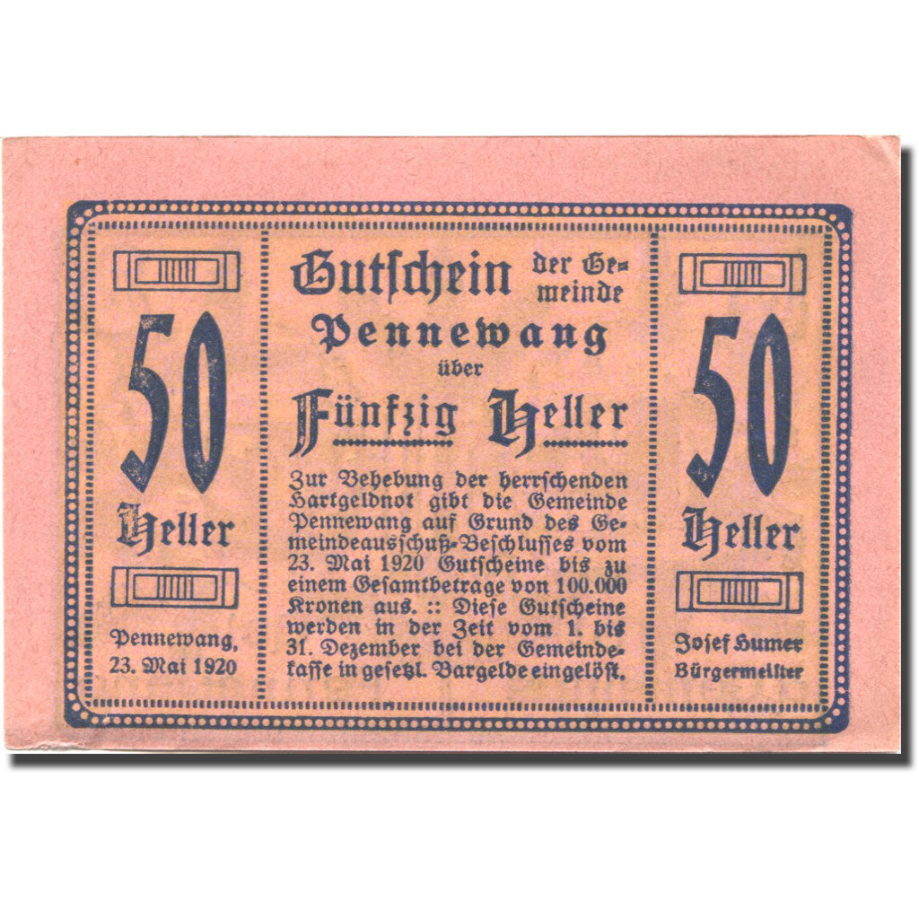 Billet Autriche Pennewang 50Heller, Eglise 1, 1920-05-23, SPL rose Mehl:FS 727b