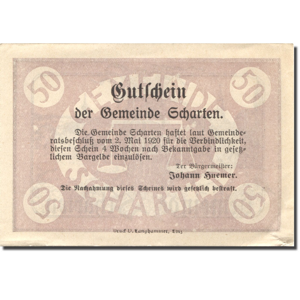 Banknote, Austria, Scharten, 50 Heller, village, 1920 AU(55-58) Mehl:FS 955a