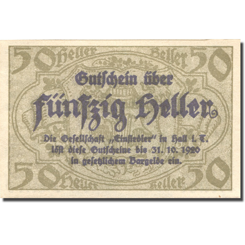 Banknote, Austria, Hall, 50 Heller, rue, 1920, 1920-10-31, UNC(63), Mehl:FS 343a