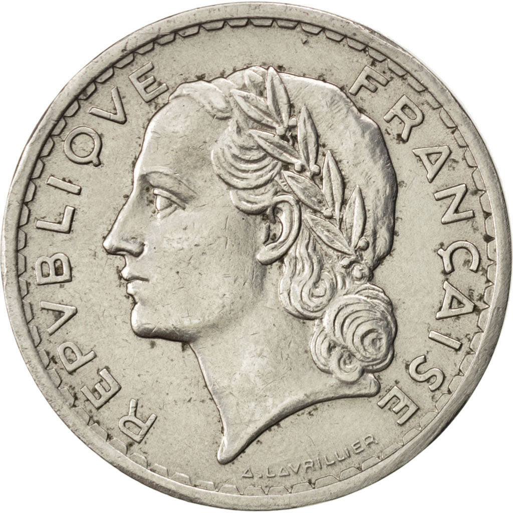 FRANCE, Lavrillier, 5 Francs, 1938, Paris, KM #888, VF(30-35), Nickel, 31,...