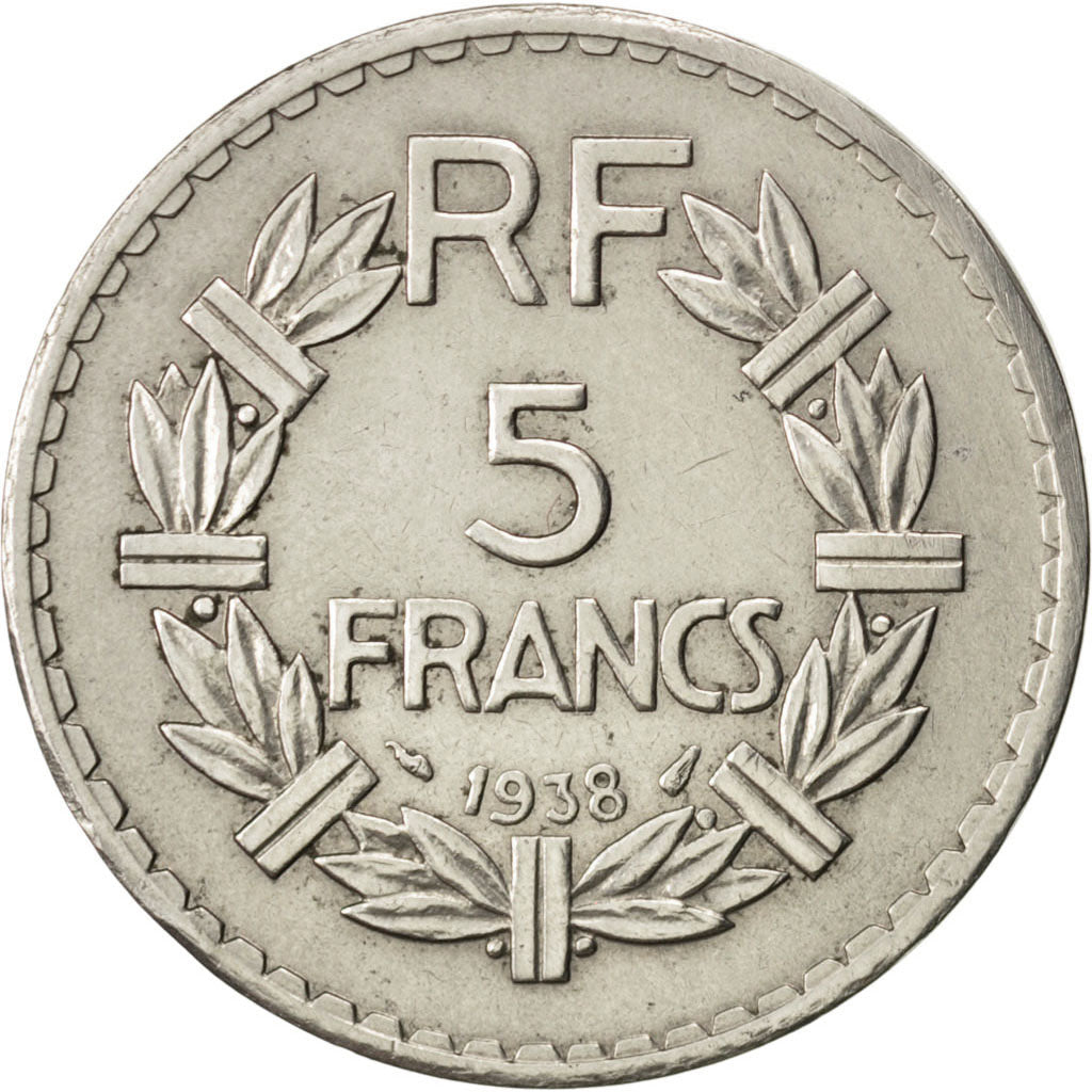 FRANCE, Lavrillier, 5 Francs, 1938, Paris, KM #888, VF(30-35), Nickel, 31,...