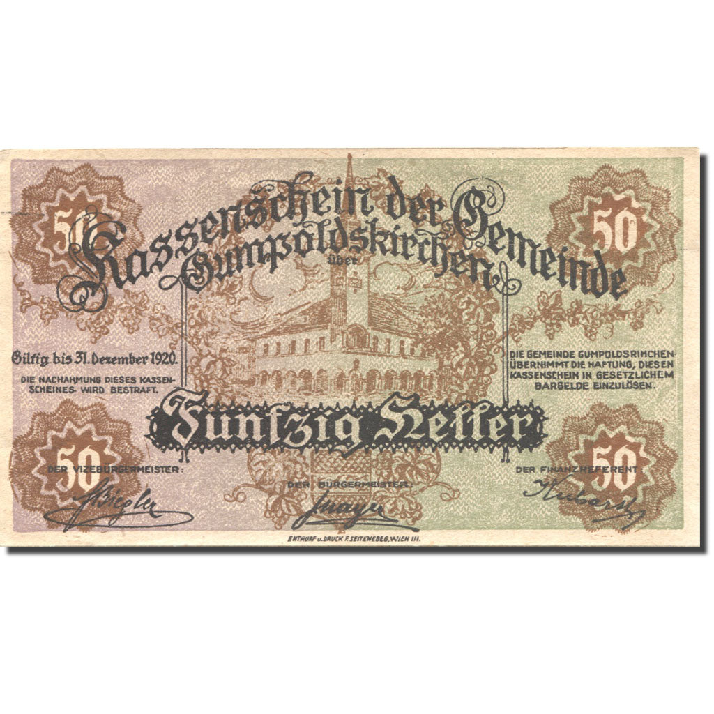 Banknote, Austria, Gumpoldskirchen, 50 Heller, Eglise, 1920 UNC(63) Mehl:FS 308a