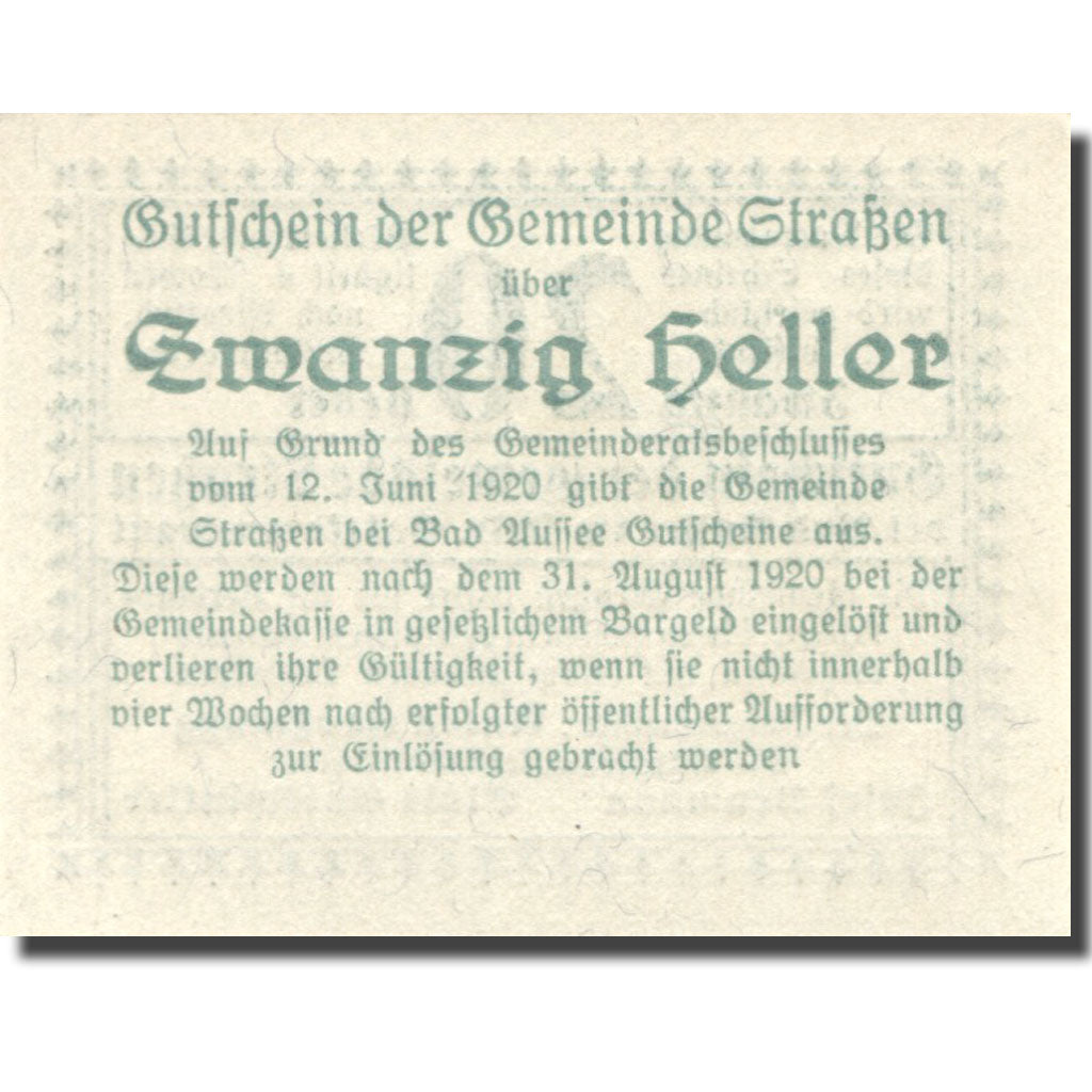 Banknote, Austria, Strassen, 20 Heller, valeur faciale, 1920 UNC(63) Mehl:FS 73