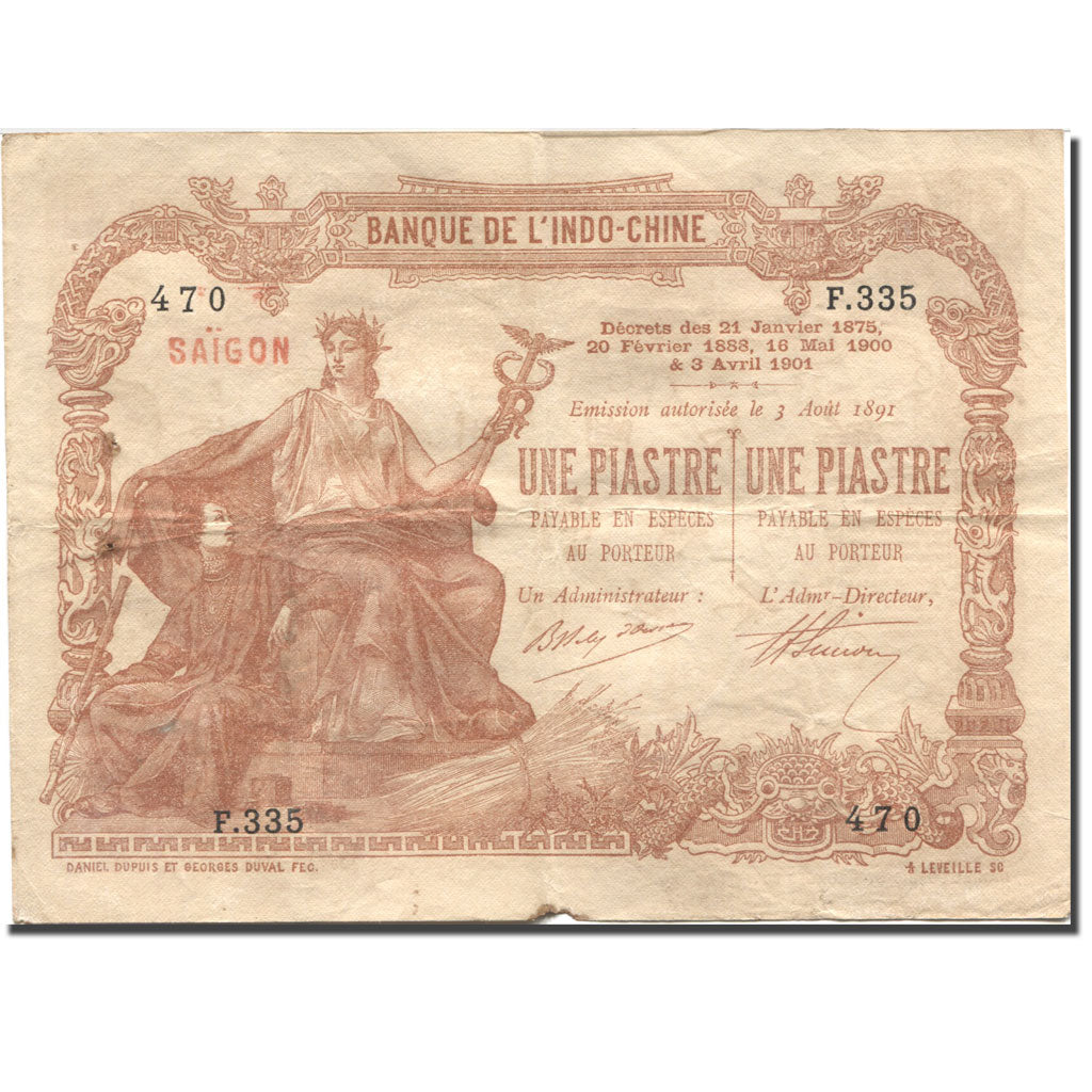 Banknot, FRANCUSKIE INDOCHINY, 1 Piastre, Undated (1903-1921), 1891-08-03