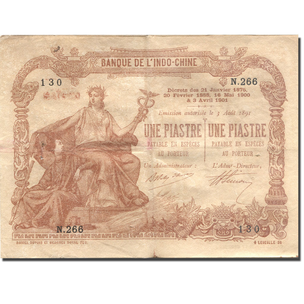 Banknot, FRANCUSKIE INDOCHINY, 1 Piastre, Undated (1903-1921), 1891-08-03