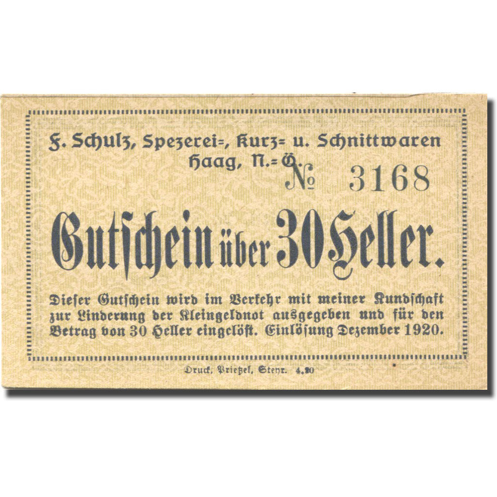 Geldschein, Österreich, Haag, 30 Heller valeur faciale 1, UNZ- gelb Mehl:FS 320f