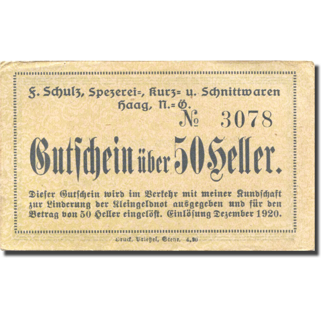 Banknote, Austria, Haag, 50 Heller valeur faciale, AU(55-58) yellow Mehl:FS 320f