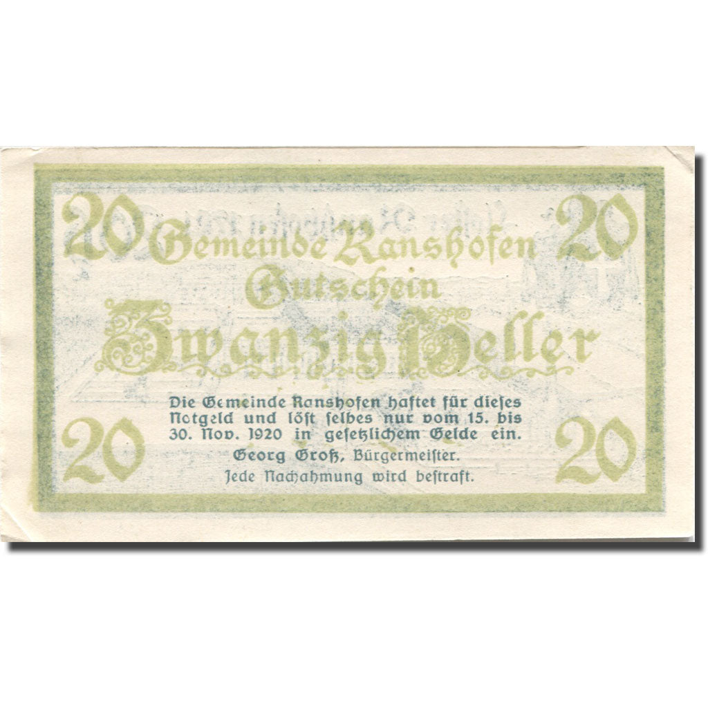 Banknote, Austria, Ranshofen, 20 Heller, château, UNC(63) green Mehl:FS 819Da