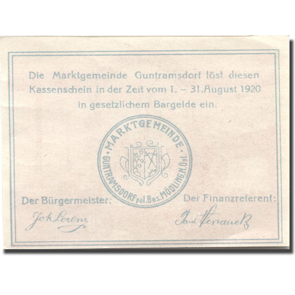 Banknote, Austria, Guntramsdorf, 20 Heller, Usine 1, 1920 UNC(63)  Mehl:FS 310i