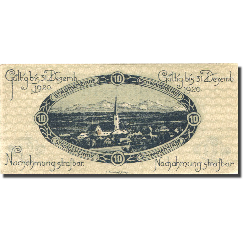 Billet, Autriche, Schwanenstadt, 10 Heller, Eglise 1920-12-31, SPL Mehl:FS 977Ia