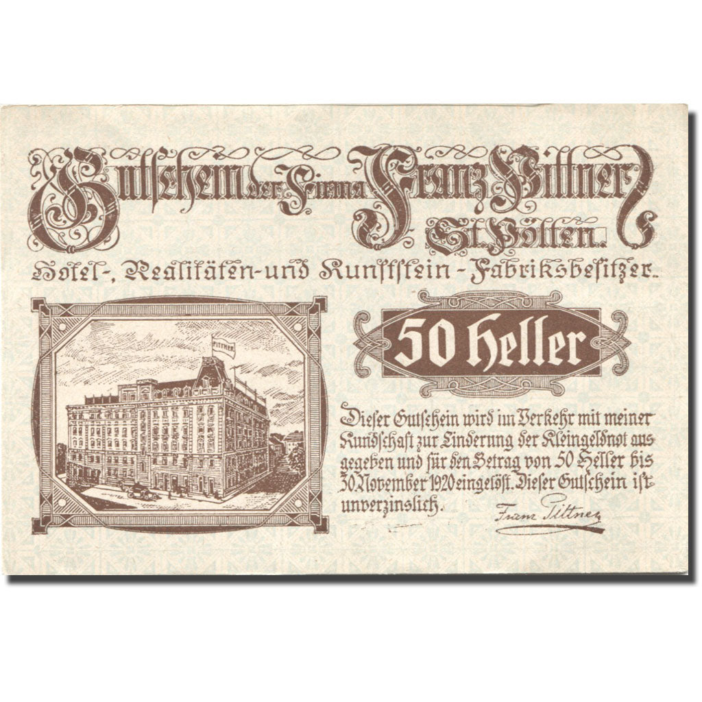 Banknote, Austria, St Pölten, 50 Heller, Monument, 1920 UNC(63) Mehl:FS 933I