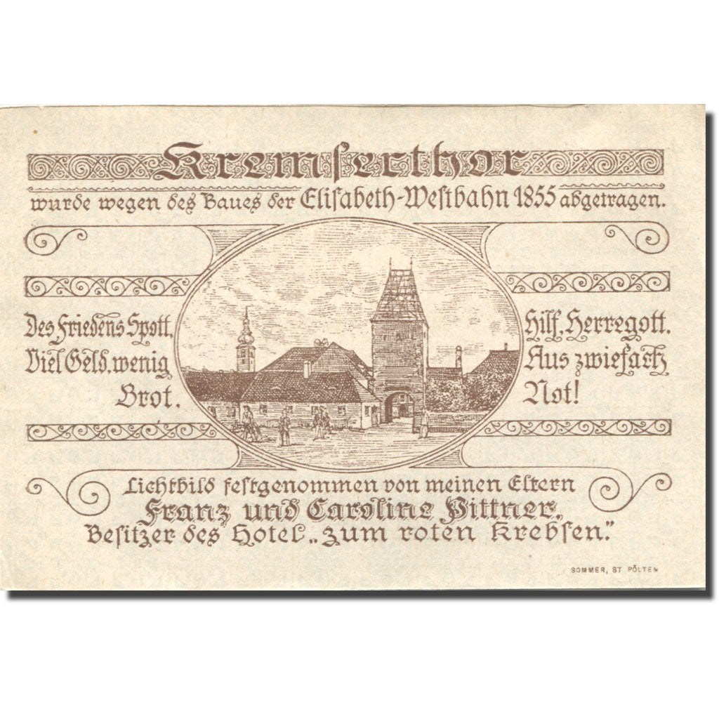 Banknote, Austria, St Pölten, 50 Heller, Monument, 1920 UNC(63) Mehl:FS 933I